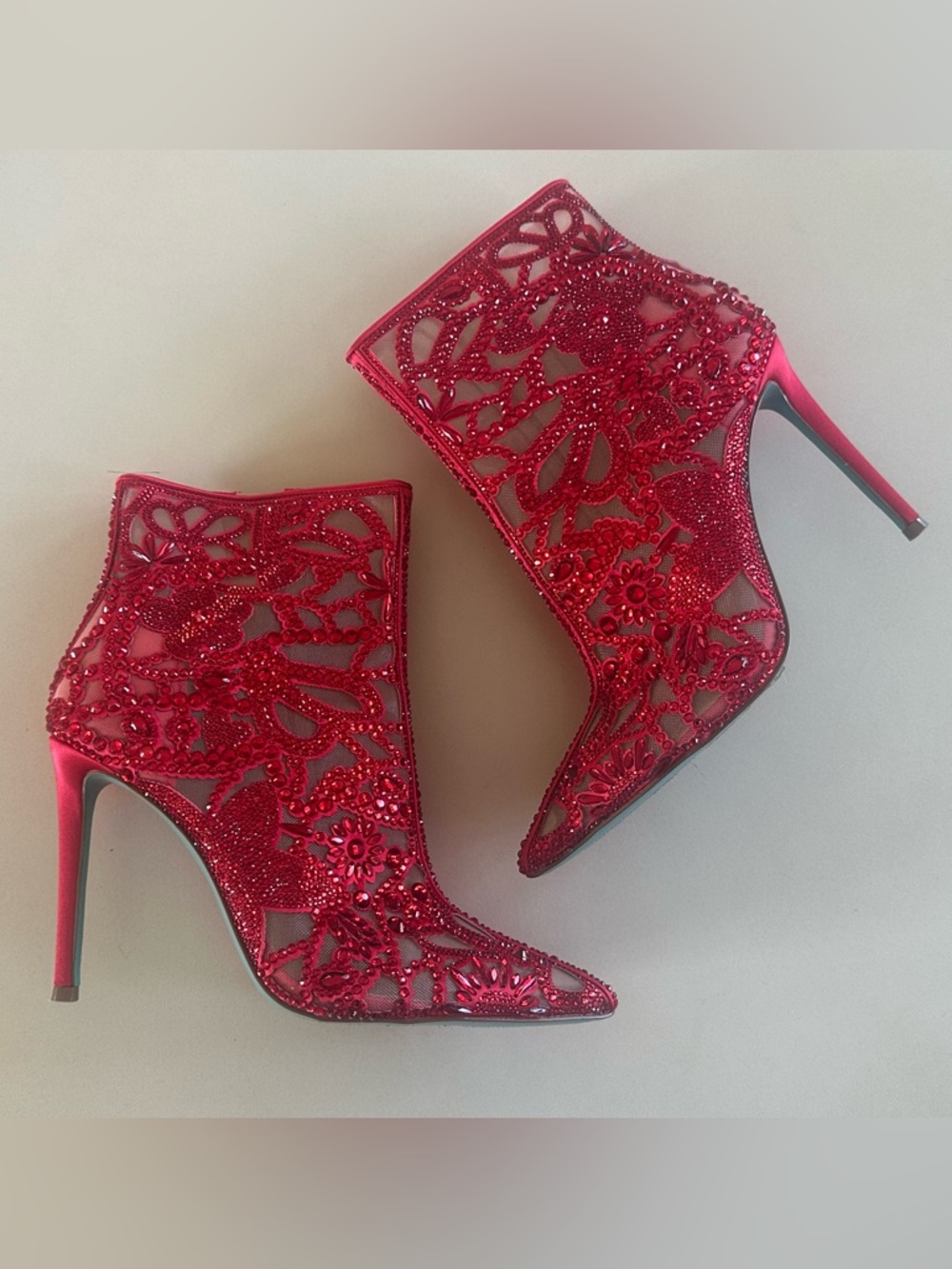 Betsey Johnson Red Crystal Lace Cutout Stiletto Booties